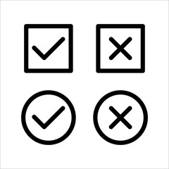 Check mark and cross or x icon in flat style on white background