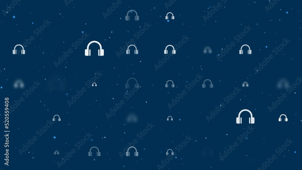 Poster template animation of evenly spaced headphones symbols of different sizes and opacity. animation of 