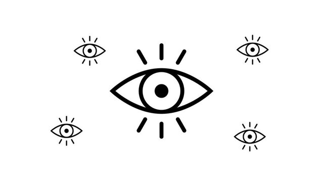 Zoom in and out animation the vision symbol. Large black symbol in the center and four small symbols around. Seamless looped 4k animation on white background