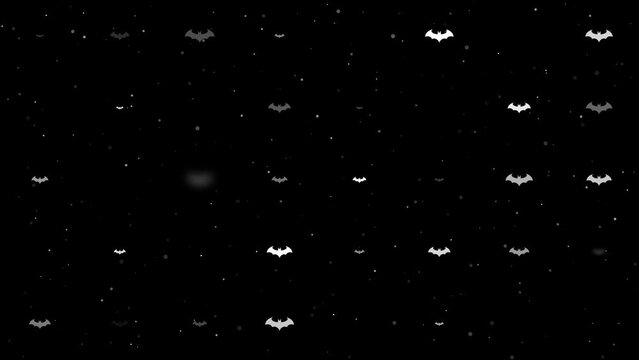 Template animation of evenly spaced bat symbols of different sizes and opacity. Animation of transparency and size. Seamless looped 4k animation on black background with stars