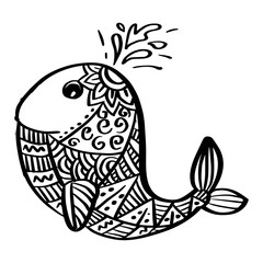 Hand drawn zentangle whale illustration