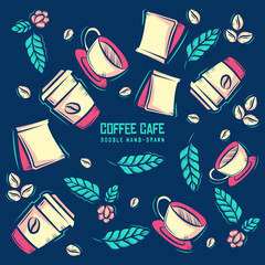 Pattern with Coffee Cups, bean, leaves, and packaging vector