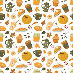 Autumn pumpkin spice pattern. Fall seasonal food and drinks. Isolated on white background. Cute orange pumpkin, a cup of coffee, pumpkin pie, muffin, leaves.