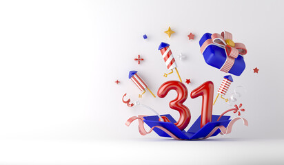 Malaysia independence day decoration background with 31 balloon number, gift box, firework rocket, confetti, copy space text, 3D rendering illustration