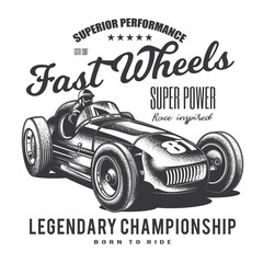 Original vector illustration in vintage style. An old vintage racing car on a white background. T-shirt design, stickers, print.