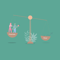 vector illustrations business scale that shown expenses more higher than sales. operational cost domination corporate expenses. Vector illustrations shown profitability 