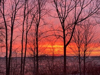 Fototapeta na wymiar Sunrise over the lake in the winter