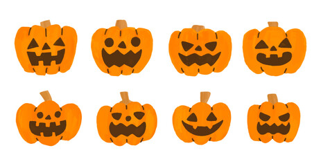 ハロウィンのジャックオーランタン／カボチャの手描き風イラストセット