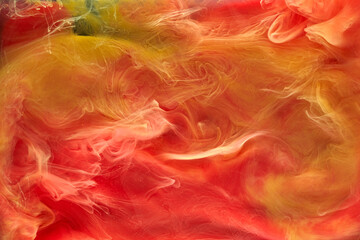 Plakat Liquid fluid art abstract background. Red, yellow dancing acrylic paints underwater, space smoke ocean, color explosion