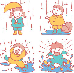 雨の日の子供のイラストセット