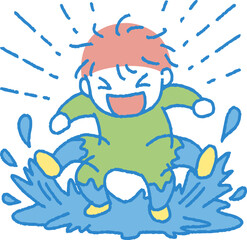 水たまりでバチャバチャと遊ぶ男の子のイラスト