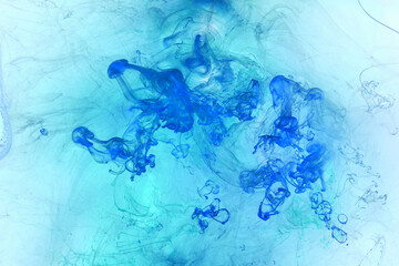 Liquid fluid art abstract background. Blue acrylic paint underwater, galactic smoke ocean