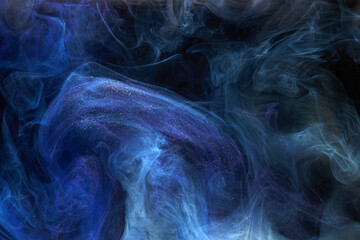 Liquid fluid art abstract background. Blue acrylic paint underwater, galactic smoke ocean