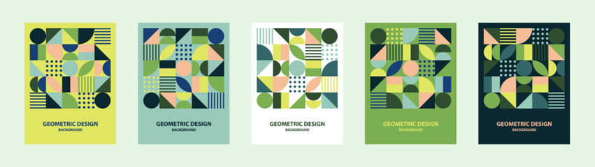 Abstract background creative simple bauhaus style, geometric pattern. Collection of vector minimalist templates brochures, covers, posters, flyer. Retro background, layout of simple shapes, ecology.