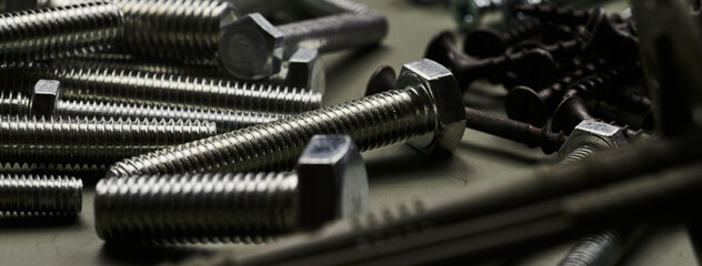 Set of bolts nuts nails metal fasteners. Consumable hardware tools. assortment steel screws...