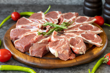 Lamb chops. Rib chop on dark background. Butcher products. close up