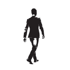 Businessman in suit walking, rear view. Man walks away. Abstract isolated vector silhouette, ink drawing