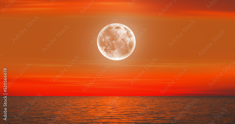 Poster full moon over the sea at sunset 
