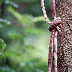 Kletterseil mit knoten hängt an einem Baumstamm