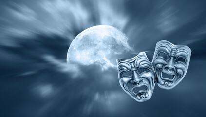 Comedy and Tragedy theatrical venetian mask with full moon in night 
