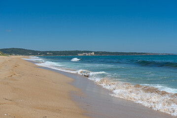 White sand beach with crystal clear azure sea water in Bulgaria. Black sea