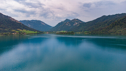 Typical Bavarian town in a colorful evening seen from drone view