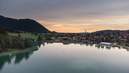 Fototapeta premium Evening aerial view of lake in the Alps. Schliersee in south Germany 