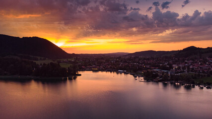 Typical Bavarian town in a colorful evening seen from drone view