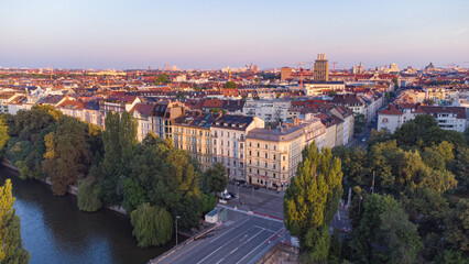 Munich Streets near the city centre seen from above aerial top view of a German city in summer