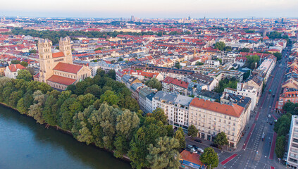 Fototapeta premium Early morning aerial bird view of Munich