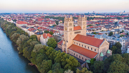 St. Maximilian church aerial view next to the Isar river in Munich