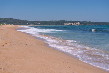 White sand beach with crystal clear azure sea water in Bulgaria. Black sea