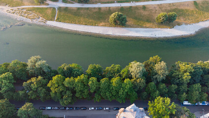 Top aerial view of Isar river in Munich at the height of Fraunhofer Strasse