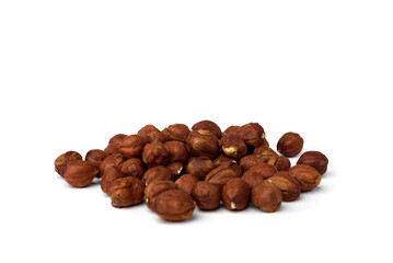 Peeled hazelnuts isolated on white background.