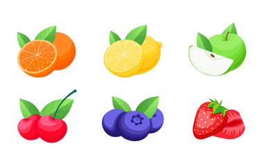 Set of different fruits and berries compositions templates cartoon vector illustration. Collection of sweet fruits. Orange, apple, lemon. Strawberry, blueberry, cherry.