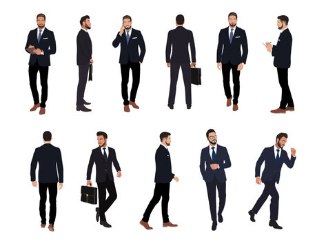 Set Of Businessman Character In Different Poses. Handsome Man With Beard Wearing Formal Suit Standing And Walking, Using Phone , Front, Back And Side View. Vector Realistic Illustration Isolated White