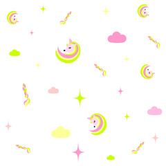 Pattern with a childish cartoon character - a unicorn and bright multi-colored hair