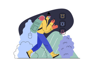 Shop everywhere - electronic commerce series - modern flat vector concept illustration of a man hiking with a travel backpack and shopping online. Promotion, discounts, sale and online orders concept