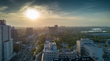 Charming view of Kew Gardens in New York at sunrise, USA