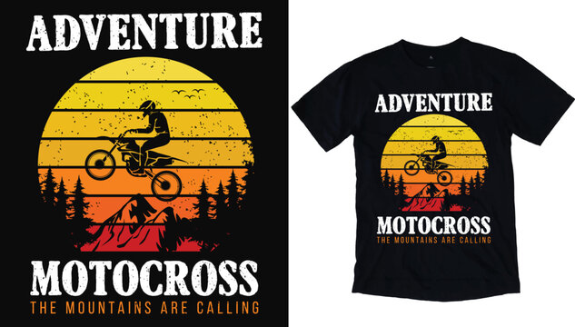 Adventure Motocross - the mountains are calling t shirt with typography and motocross bike racer - Vintage adventure t-shirt design illustration.