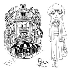 Vector cute girl on a paris street in Paris, France. Black and white illustration for coloring book.
