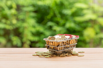Fototapeta na wymiar Finance, Stack of gold coins money in mini basket food on natural green bokeh background, Business investment growth and Save money for prepare in future concept.