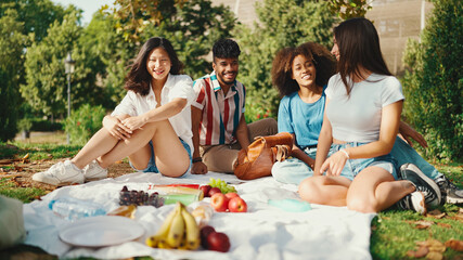 Happy smiling young multinational people at picnic on summer day outdoors. Friends have fun weekend...