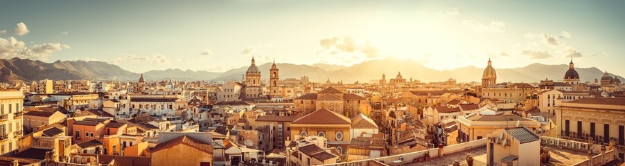 panoramic view at the skyline of palermo during sunset - obrazy, fototapety, plakaty