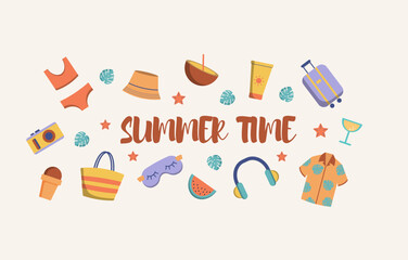 Summer time banner with vacation accessories. Vector design template, template.