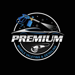 Blue and silver mobile valeting and detailing service company circular logo