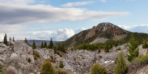 Mountain in the American Landscape. Yellowstone National Park, Wyoming. United States. Cloudy Sky Art Render. Nature Background. Panorama