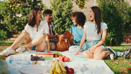 Happy smiling young multinational people at picnic on summer day outdoors. Friends have fun weekend...