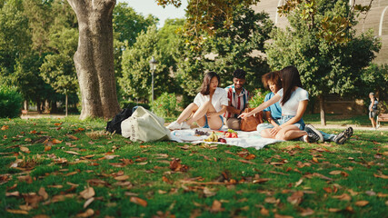 Happy smiling young multinational people at picnic on summer day outdoors. Friends have fun weekend...