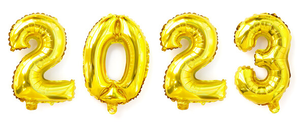 Golden foil balloons with the number 2023. Happy new year and christmas holiday concept. Top view copy space.